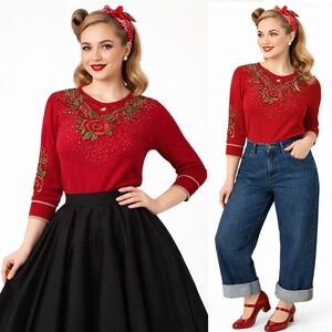 Red Embroidered Sweater | Rockabilly 50s Retro Floral Knit Top